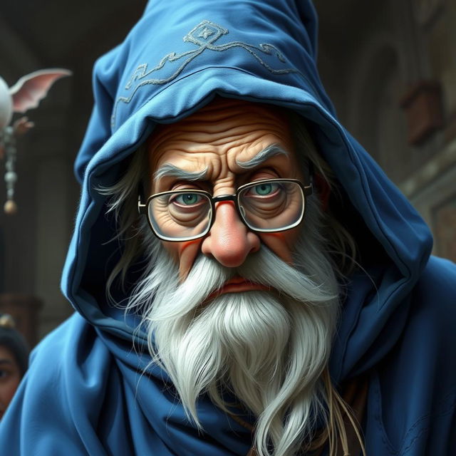 An elderly D&D wizard character wearing a blue mantle and matching wizard's hat