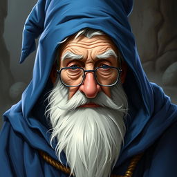 An elderly D&D wizard character wearing a blue mantle and matching wizard's hat