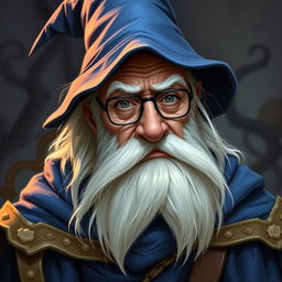 An elderly D&D wizard character wearing a blue mantle and matching wizard's hat