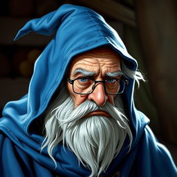 An elderly D&D wizard character wearing a blue mantle and matching wizard's hat