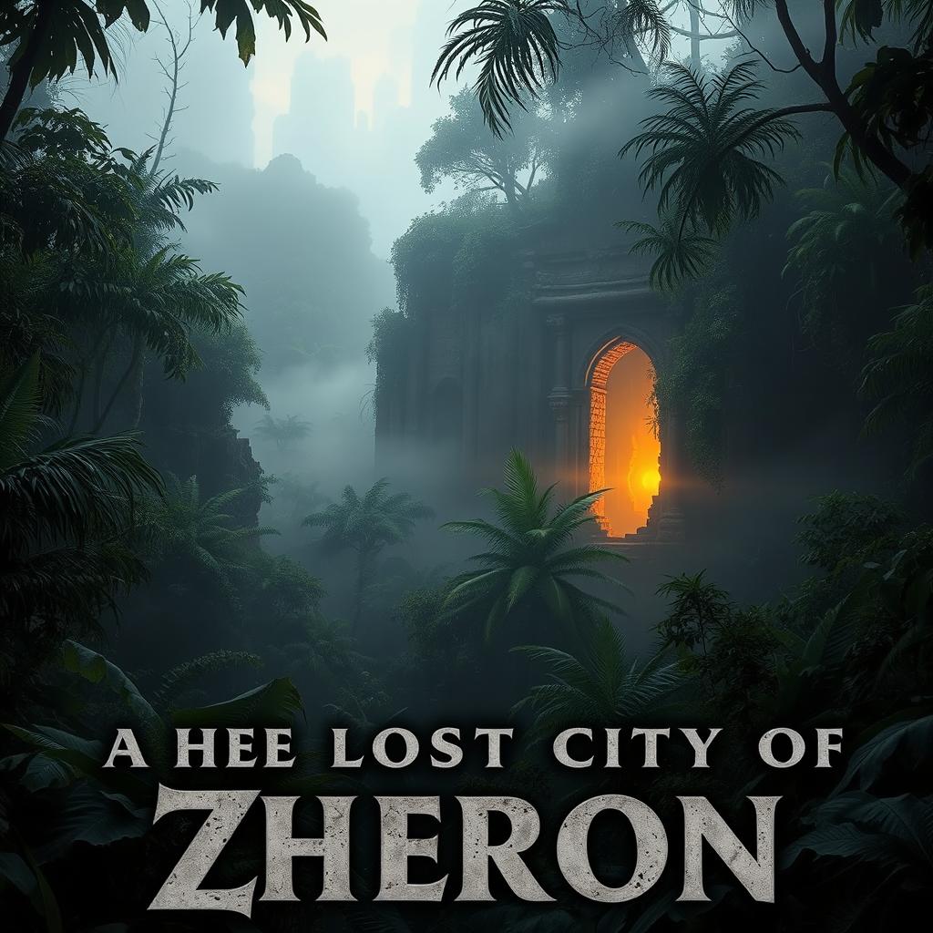 A dense jungle scene featuring ancient, overgrown ruins partially visible through the mist