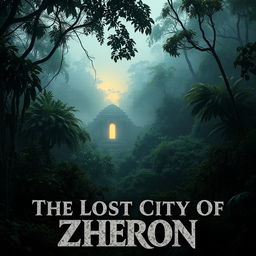 A dense jungle scene featuring ancient, overgrown ruins partially visible through the mist