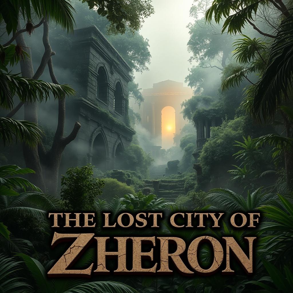 A dense jungle scene featuring ancient, overgrown ruins partially visible through the mist