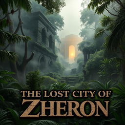 A dense jungle scene featuring ancient, overgrown ruins partially visible through the mist