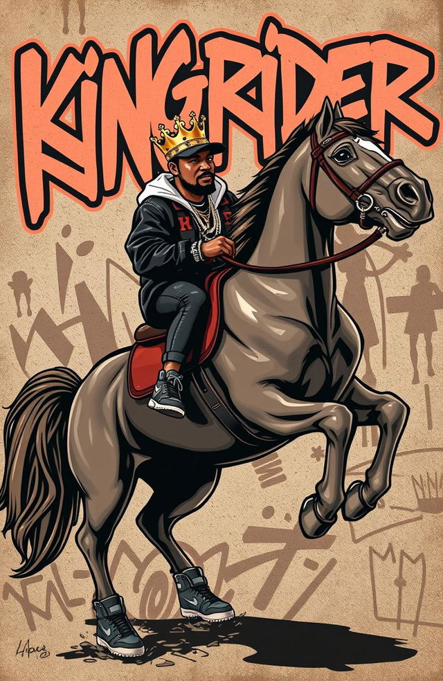 A hip hop person wearing a crown riding a majestic horse, with the word 'kingrider' written in an expressive, dynamic hip hop font in the background