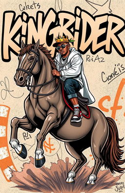 A hip hop person wearing a crown riding a majestic horse, with the word 'kingrider' written in an expressive, dynamic hip hop font in the background