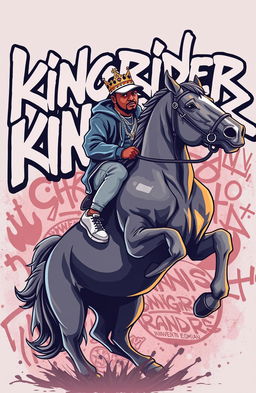 A hip hop person wearing a crown riding a majestic horse, with the word 'kingrider' written in an expressive, dynamic hip hop font in the background