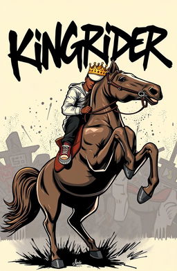 A hip hop person wearing a crown riding a majestic horse, with the word 'kingrider' written in an expressive, dynamic hip hop font in the background