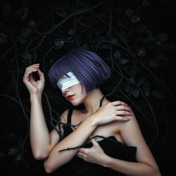 A woman with short purple hair, her eyes covered by a white cloth, wearing a black dress, is lying down while embracing herself amidst thorny black rose branches