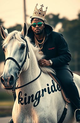 A charismatic hip hop artist, sporting a stylish crown atop his head, riding majestically on a sleek white horse