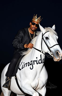 A charismatic hip hop artist, sporting a stylish crown atop his head, riding majestically on a sleek white horse