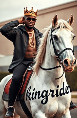 A charismatic hip hop artist, sporting a stylish crown atop his head, riding majestically on a sleek white horse