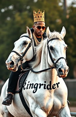 A charismatic hip hop artist, sporting a stylish crown atop his head, riding majestically on a sleek white horse