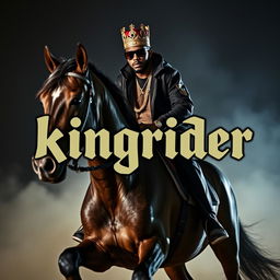 A dynamic hip hop artist, wearing a stylish crown, riding a powerful horse