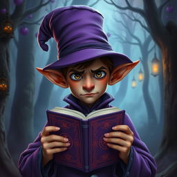 young elf man warlock wearing a purple coat and a matching cylindrical top hat