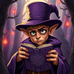 young elf man warlock wearing a purple coat and a matching cylindrical top hat