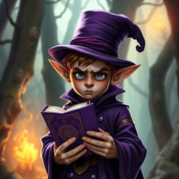 young elf man warlock wearing a purple coat and a matching cylindrical top hat