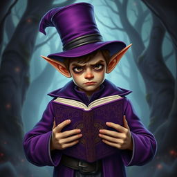 young elf man warlock wearing a purple coat and a matching cylindrical top hat