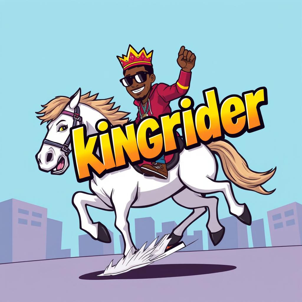 A vibrant modern cartoon illustration featuring a hip hop artist with a crown on his head riding a dynamic horse