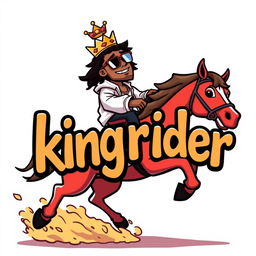 A vibrant modern cartoon illustration featuring a hip hop artist with a crown on his head riding a dynamic horse