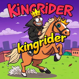 A vibrant modern cartoon illustration featuring a hip hop artist with a crown on his head riding a dynamic horse