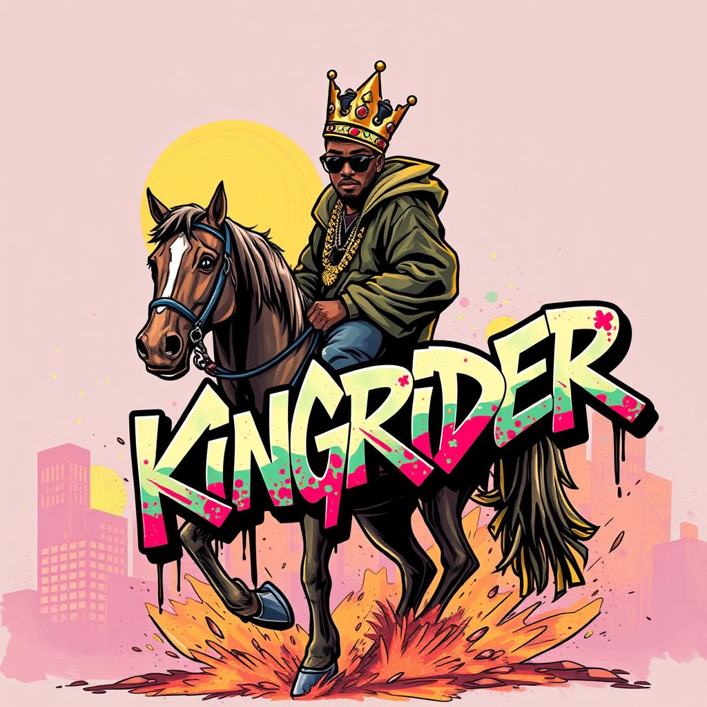 A stunning graffiti-themed illustration showcasing a hip hop artist with a crown on his head, confidently riding a horse