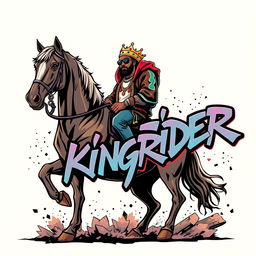 A stunning graffiti-themed illustration showcasing a hip hop artist with a crown on his head, confidently riding a horse