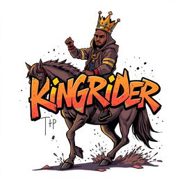 A stunning graffiti-themed illustration showcasing a hip hop artist with a crown on his head, confidently riding a horse