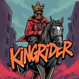 A stunning graffiti-themed illustration showcasing a hip hop artist with a crown on his head, confidently riding a horse