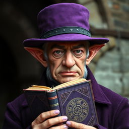 A middle-aged elf warlock with a serious and unhappy expression, wearing a deep purple coat