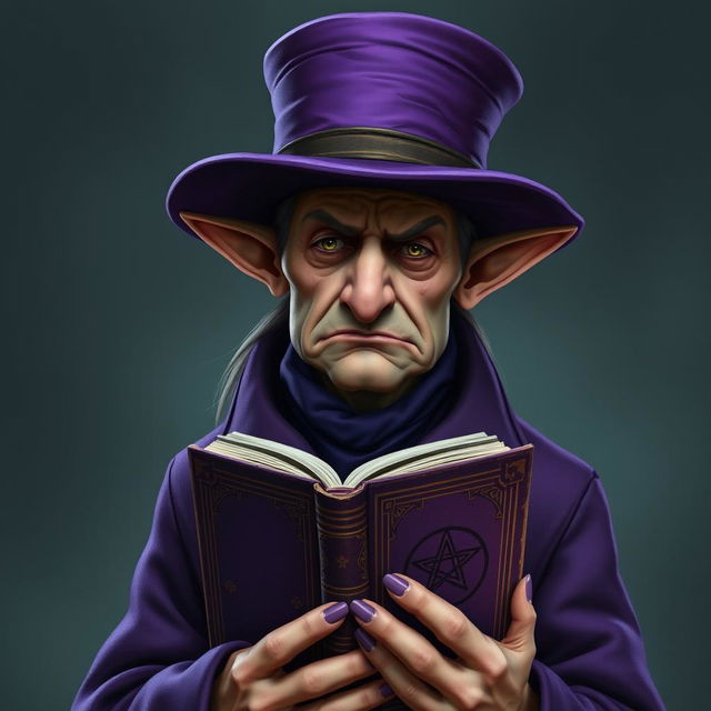 A middle-aged elf warlock with a serious and unhappy expression, wearing a deep purple coat