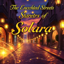 A vibrant city street at twilight, featuring glowing, floating lanterns and magical golden light swirling around the buildings