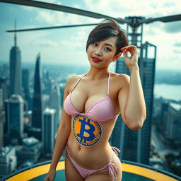 A beautiful 18-year-old Japanese woman with a quiff pixie haircut, large breasts, and curvaceous body, wearing a bikini with a bitcoin logo, posing seductively on a helipad