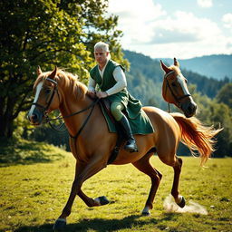 A white-skinned man riding a horse with a green outfit, set in a scenic landscape