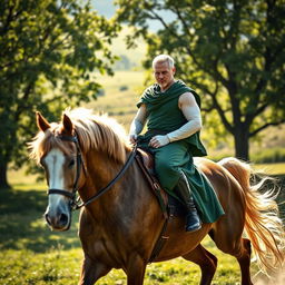 A white-skinned man riding a horse with a green outfit, set in a scenic landscape