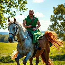 A white-skinned man riding a horse with a green outfit, set in a scenic landscape