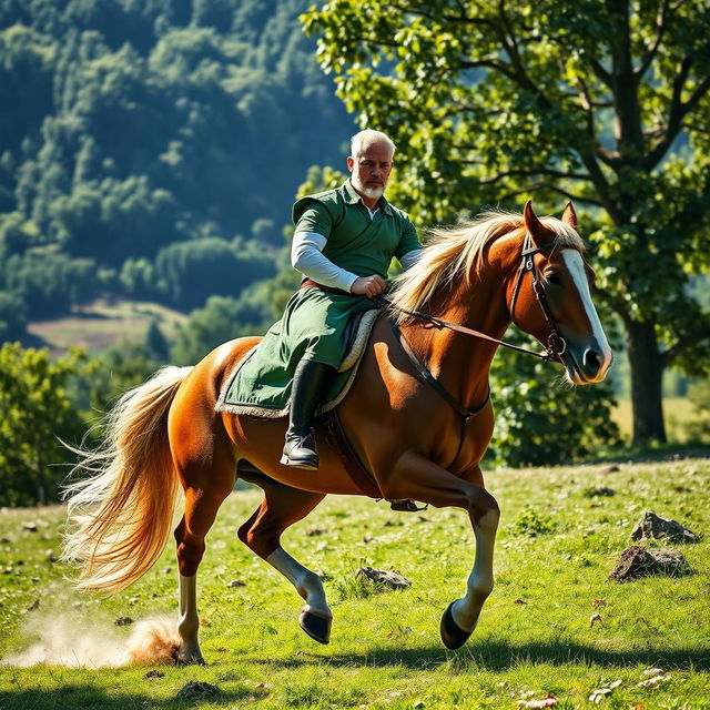 A white-skinned man riding a horse with a green outfit, set in a scenic landscape