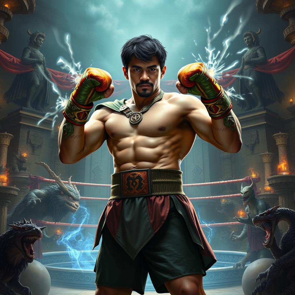 Manny Pacquiao reimagined as a powerful fantasy boxer character in a Dungeons & Dragons setting