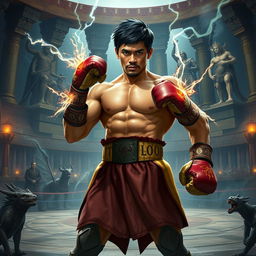 Manny Pacquiao reimagined as a powerful fantasy boxer character in a Dungeons & Dragons setting