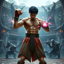 Manny Pacquiao reimagined as a powerful fantasy boxer character in a Dungeons & Dragons setting