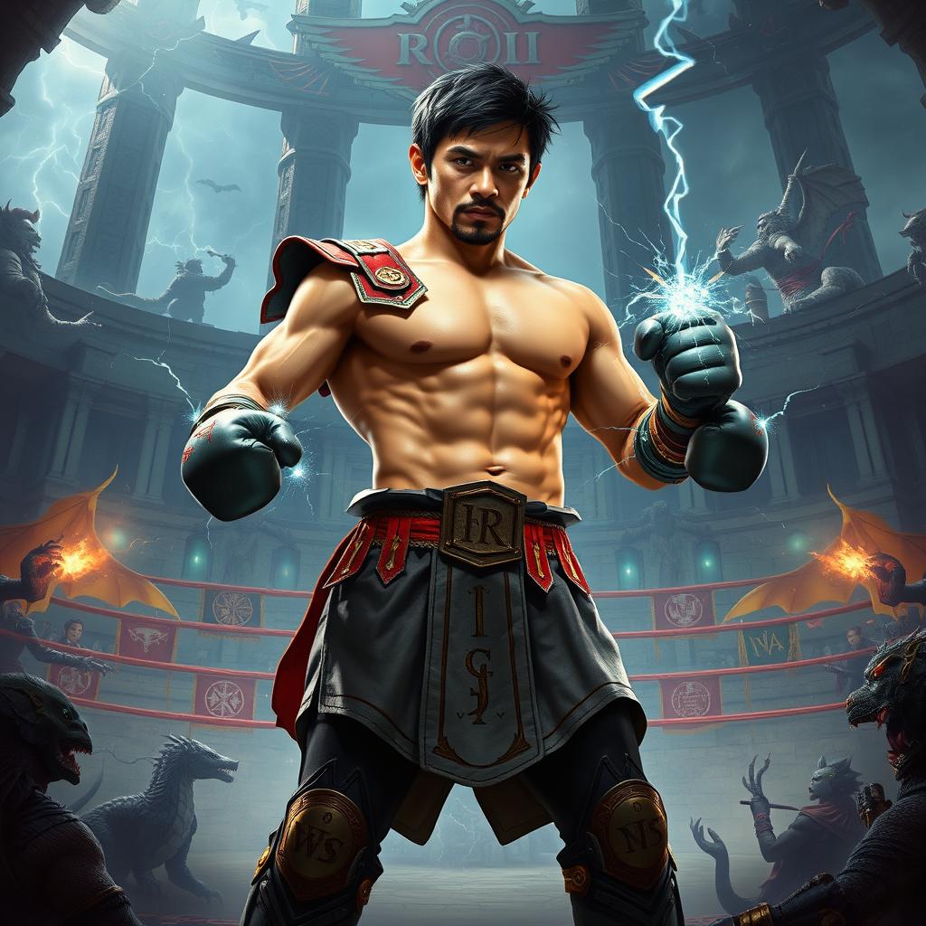 Manny Pacquiao reimagined as a powerful fantasy boxer character in a Dungeons & Dragons setting