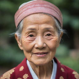 An elderly Asian woman, full of wisdom and grace, with expression lines that tell stories of her lifetime. Her eyes sparkle with kindness, and she is dressed in traditional Asian attire.