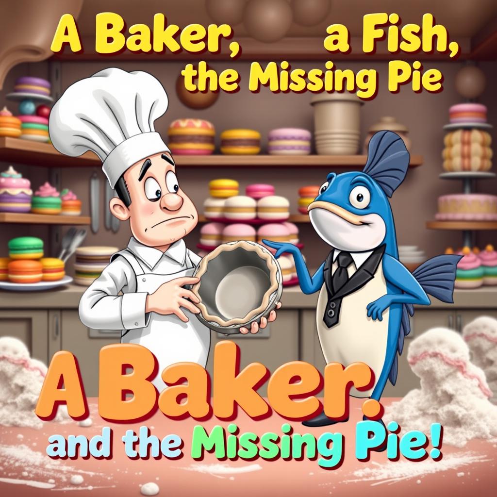 A whimsical bakery scene featuring a confused baker with a tall, white chef's hat and flour-dusted apron, holding an empty pie tin with a perplexed expression