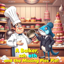 A whimsical bakery scene featuring a confused baker with a tall, white chef's hat and flour-dusted apron, holding an empty pie tin with a perplexed expression