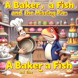 A whimsical bakery scene featuring a confused baker with a tall, white chef's hat and flour-dusted apron, holding an empty pie tin with a perplexed expression