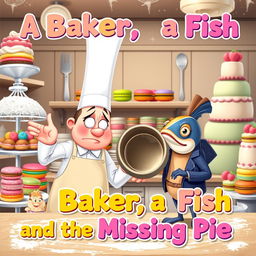 A whimsical bakery scene featuring a confused baker with a tall, white chef's hat and flour-dusted apron, holding an empty pie tin with a perplexed expression