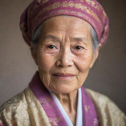 An elderly Asian woman, full of wisdom and grace, with expression lines that tell stories of her lifetime. Her eyes sparkle with kindness, and she is dressed in traditional Asian attire.