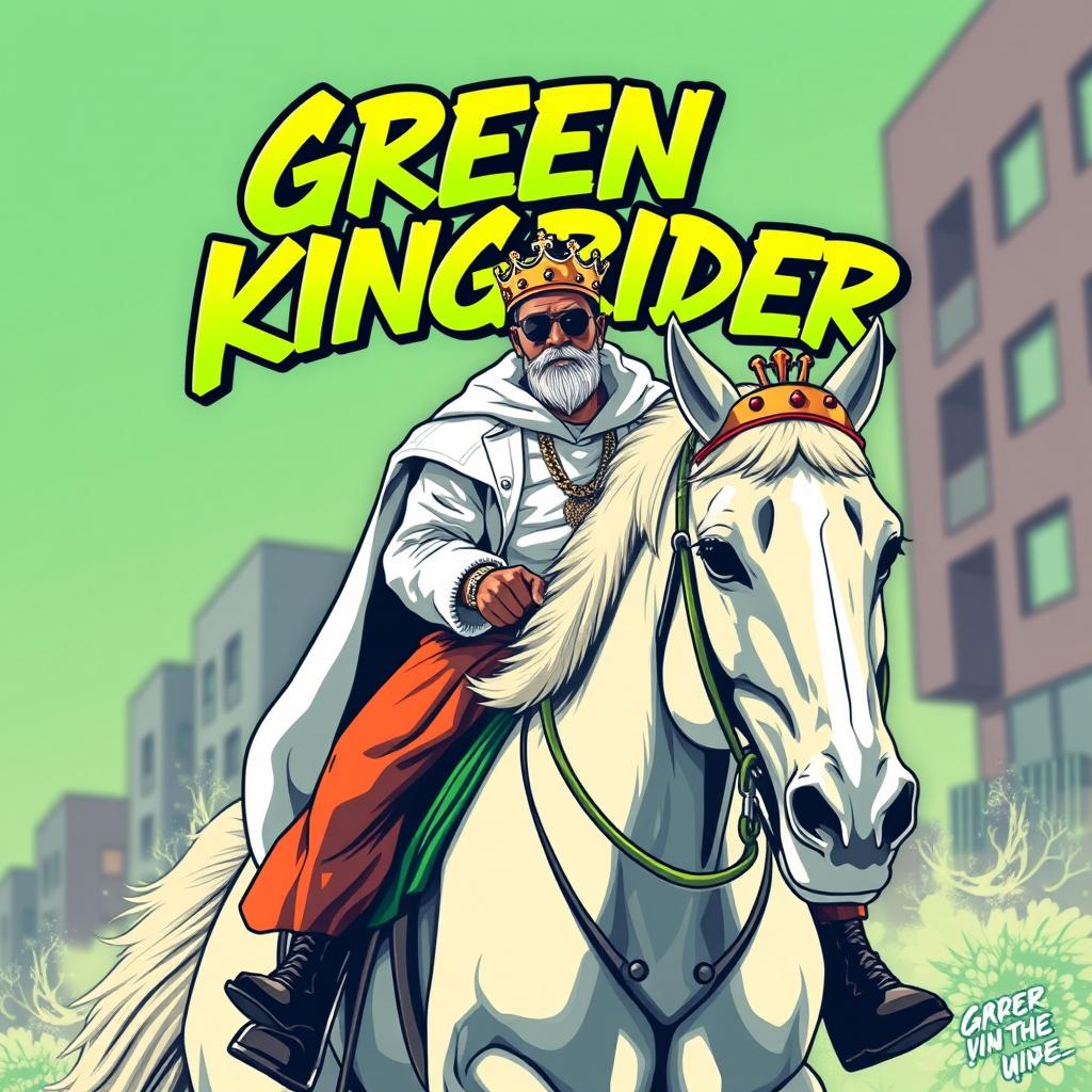 A hip hop styled image featuring a white man with a crown on his head, riding a majestic horse