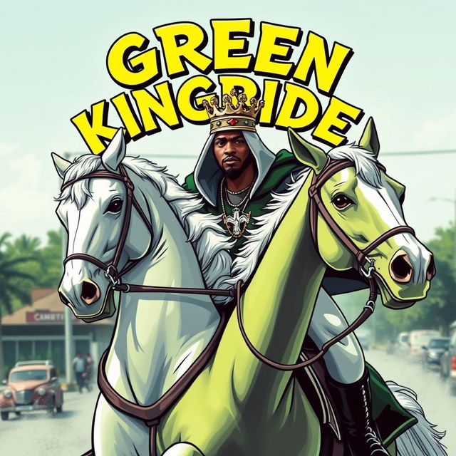 A hip hop styled image featuring a white man with a crown on his head, riding a majestic horse