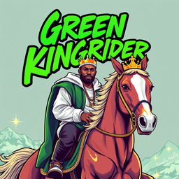 A hip hop styled image featuring a white man with a crown on his head, riding a majestic horse